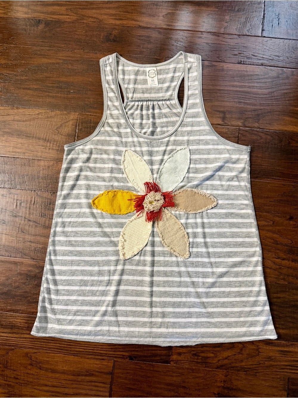 LOST PETAL LINENS, WOMENS GREY & WHITE STRIPED, RACERBACK, BOHO TANK TOP.SIZE XL